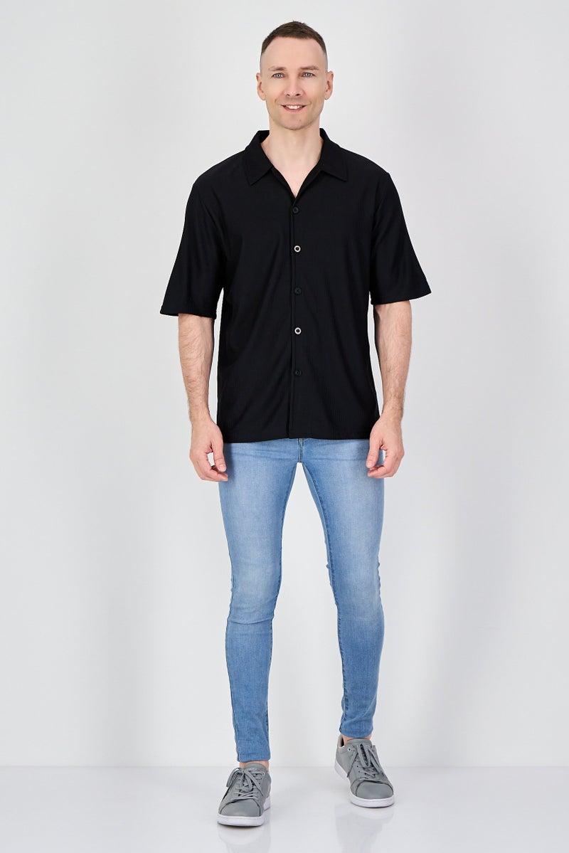 Core Elements Men Regular Fit Short Sleeve Stripe Casual Shirts, Black - Image 4