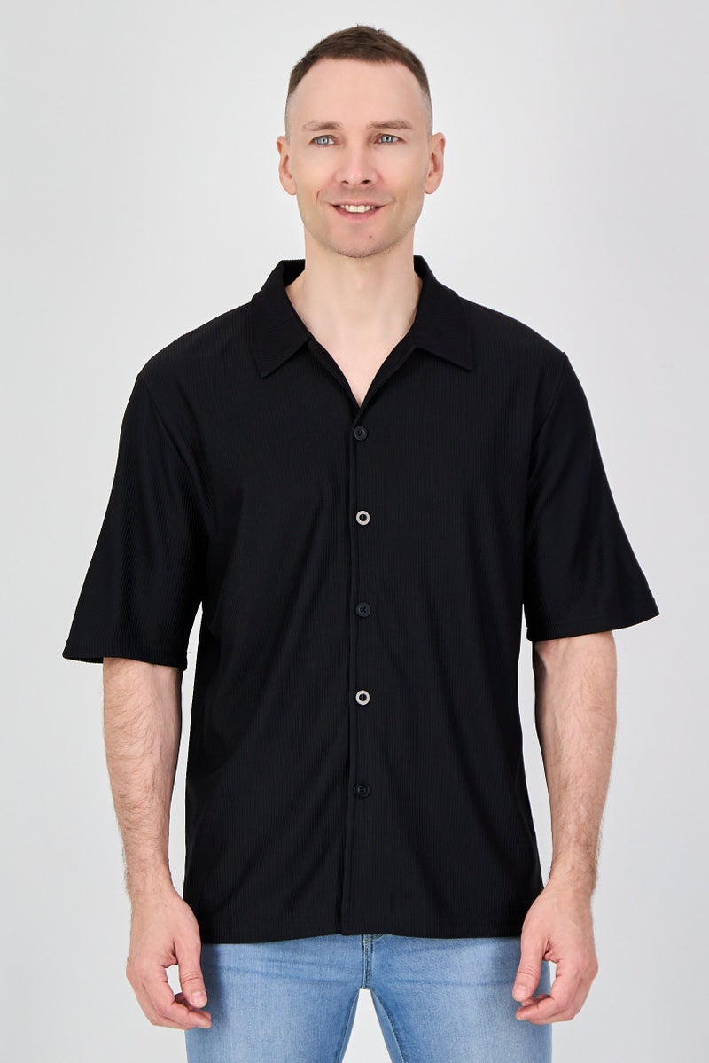 Core Elements Men Regular Fit Short Sleeve Stripe Casual Shirts, Black - Image 1