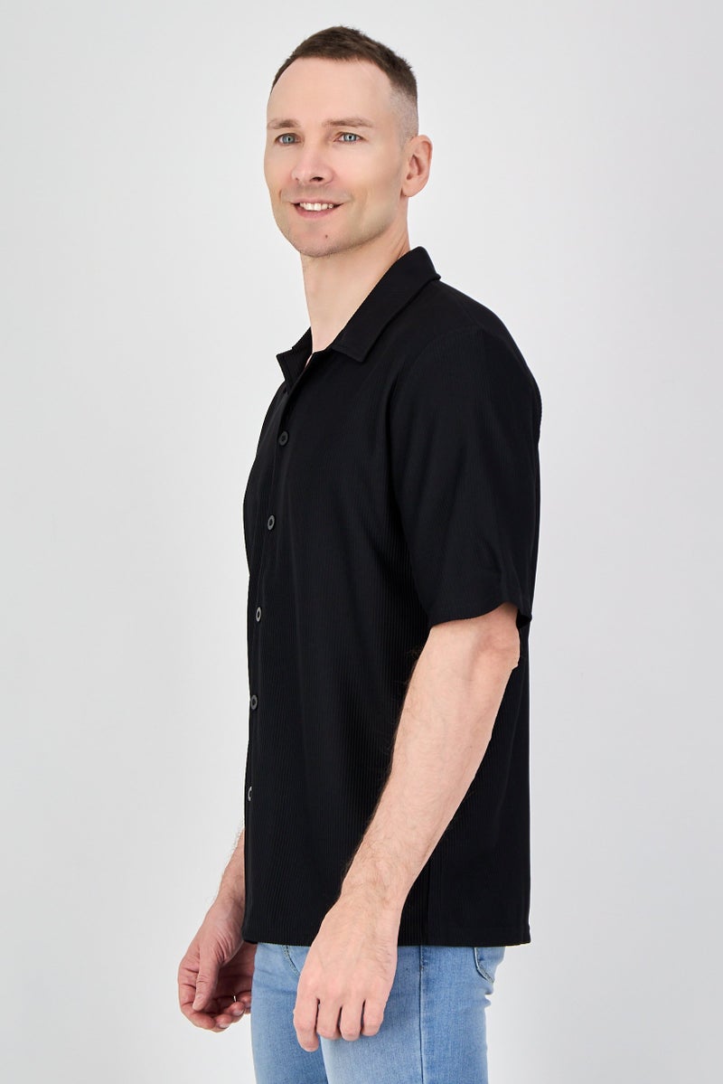 Core Elements Men Regular Fit Short Sleeve Stripe Casual Shirts, Black - Image 2