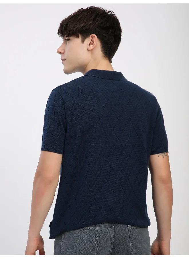 بيونغ Navy Blue Diamond Textured Flat Knit Polo T-Shirt For Men