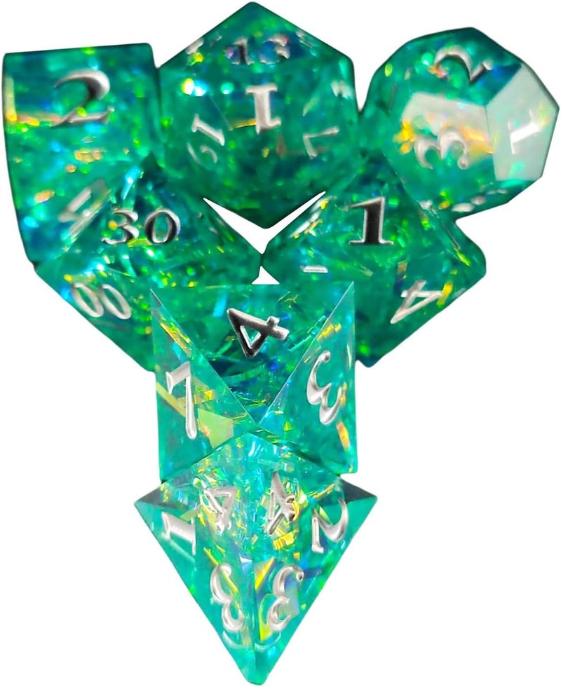klarako DND Dice Set, 7Pcs Sharp Edge Dice, D4 D6 D8 2XD10 D12 D20 for DND RPG MTG Game, Role Playing, Party Favors, Teaching Prop, Board Game  Green Blue - Image 3