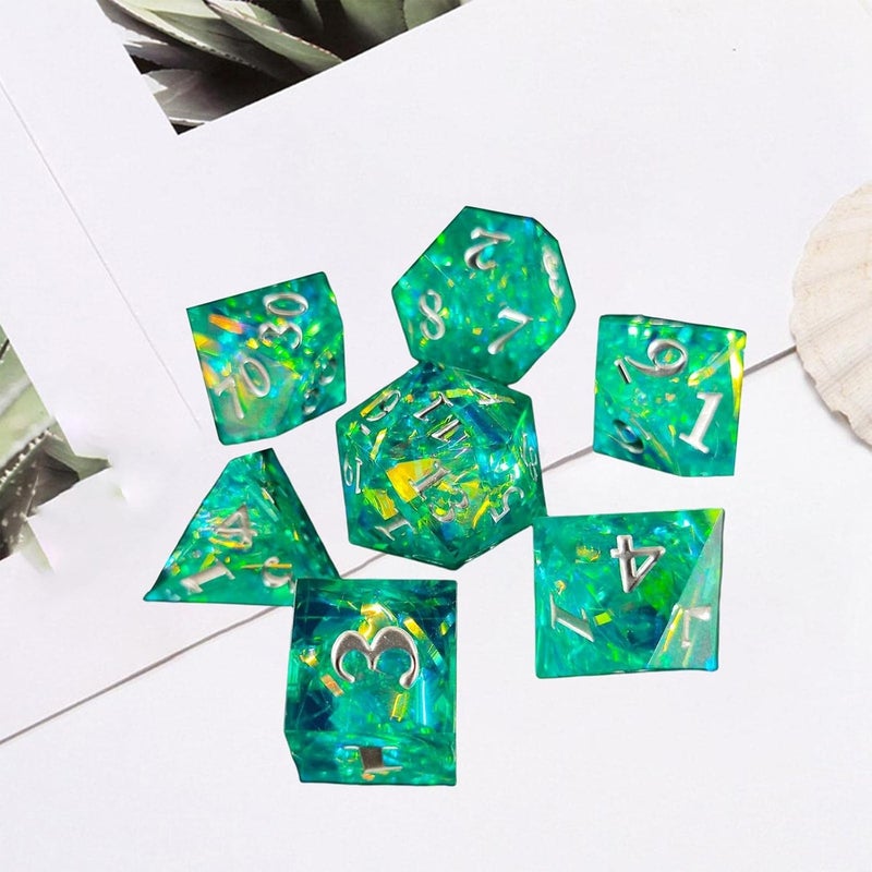klarako DND Dice Set, 7Pcs Sharp Edge Dice, D4 D6 D8 2XD10 D12 D20 for DND RPG MTG Game, Role Playing, Party Favors, Teaching Prop, Board Game  Green Blue - Image 2