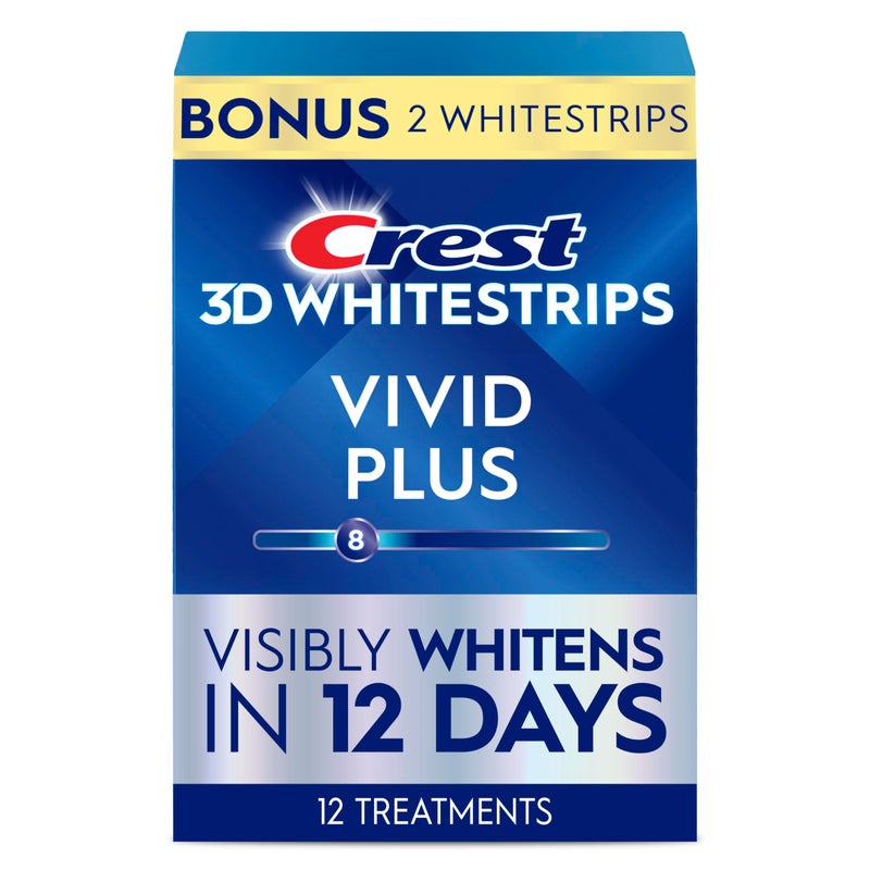 Crest 3D Whitestrips Vivid Plus, Teeth Whitening Strip Kit, 10 Treatments + 2 Bonus Treatments (Each with 1 Upper/1 Lower Strip), 24 Strips, 8 Levels Whiter, Teeth Whitening Kit - Image 1
