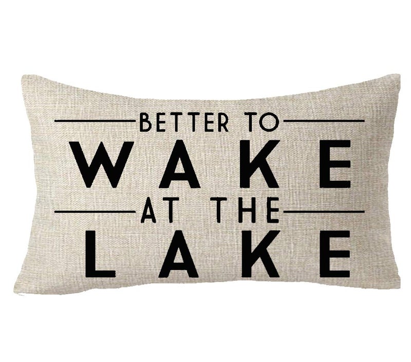 FELENIW Better to Wake at The Lake Adventure Awaits Cotton Linen Decorative Throw Pillow Cover Cushion Case Lumbar 12X20 inches - Image 1