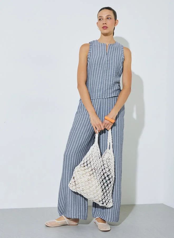 Styli Blue Striped Sleeveless Top