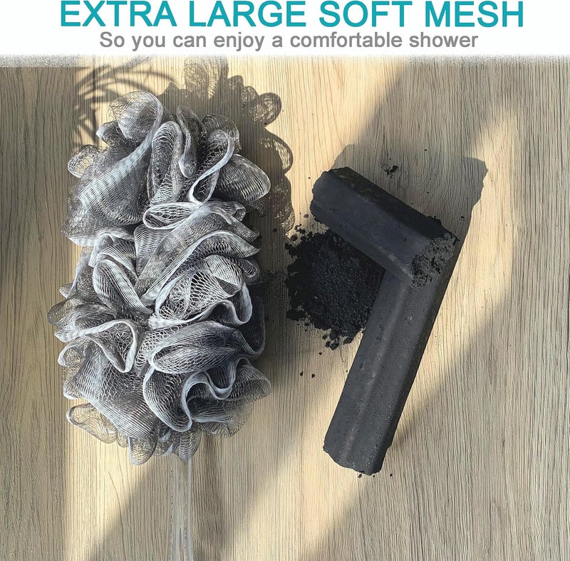 MrCuishop 2 pcsSet Charcoal Exfoliating Loofah Bath Back Brush On a Stick Long Handle with Radian is Ergonomic for Men and Women 1 Shower Sponge Body Back Scrubber and 1 Shower Sponge Pouf Mesh - Image 2