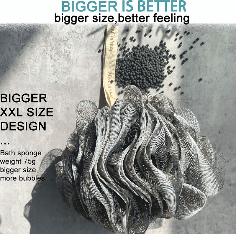 MrCuishop 2 pcsSet Charcoal Exfoliating Loofah Bath Back Brush On a Stick Long Handle with Radian is Ergonomic for Men and Women 1 Shower Sponge Body Back Scrubber and 1 Shower Sponge Pouf Mesh - Image 3