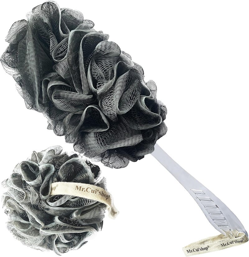 MrCuishop 2 pcsSet Charcoal Exfoliating Loofah Bath Back Brush On a Stick Long Handle with Radian is Ergonomic for Men and Women 1 Shower Sponge Body Back Scrubber and 1 Shower Sponge Pouf Mesh - Image 1