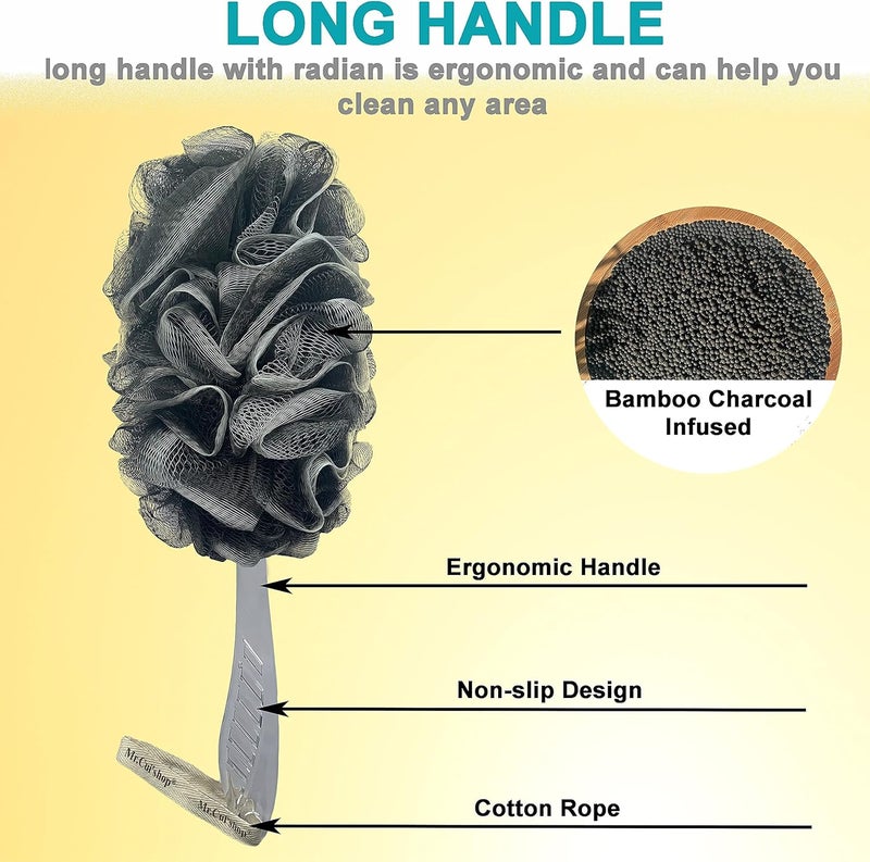 MrCuishop 2 pcsSet Charcoal Exfoliating Loofah Bath Back Brush On a Stick Long Handle with Radian is Ergonomic for Men and Women 1 Shower Sponge Body Back Scrubber and 1 Shower Sponge Pouf Mesh - Image 4
