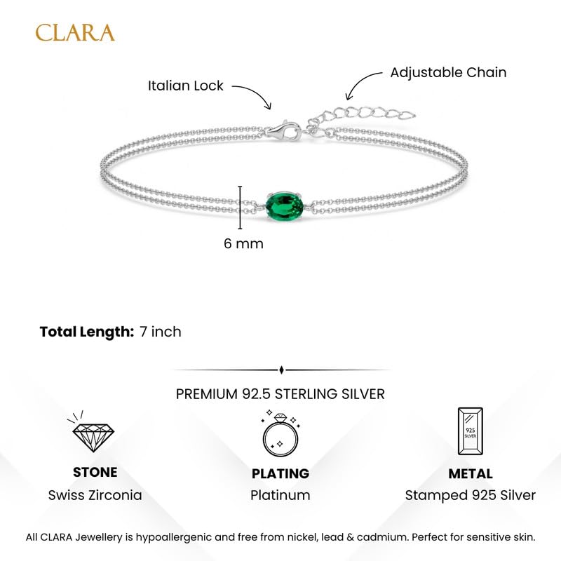 Clara 925 Sterling Silver Green Solitaire Double Chain Bracelet | Adjustable, Platinum Plated, Swiss Zirconia | Gift for Women and Girls - Image 5