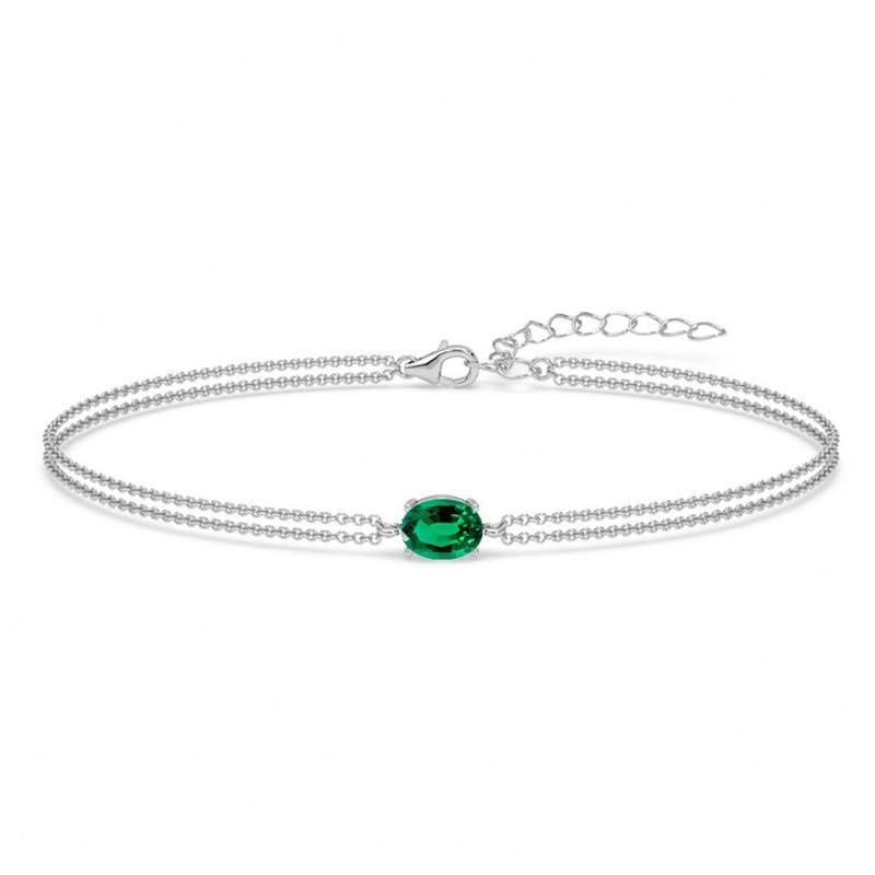 Clara 925 Sterling Silver Green Solitaire Double Chain Bracelet | Adjustable, Platinum Plated, Swiss Zirconia | Gift for Women and Girls - Image 1