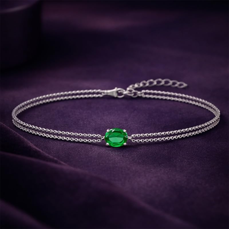 Clara 925 Sterling Silver Green Solitaire Double Chain Bracelet | Adjustable, Platinum Plated, Swiss Zirconia | Gift for Women and Girls - Image 2