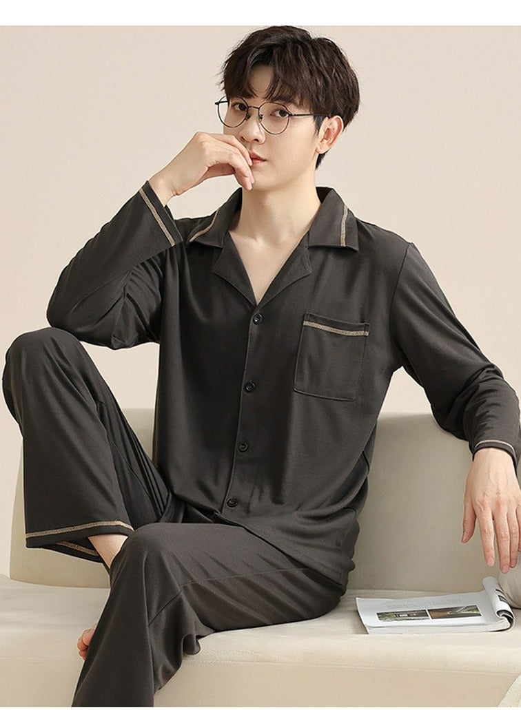 إسكدنيا Men's 2-Piece Set Loose Nightgown Sleepwear Long Sleeve Lapel Top And Pants Soft Loungewear Wear Warm Pajamas Suit Brown 