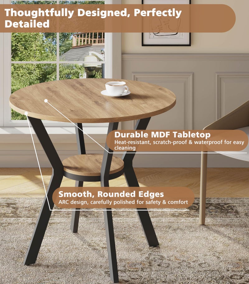 MECHYIN Round Kitchen Tables for 2-4, 31.5" Small Dining Tables with Storage, Rustic Wood Circle Dinner Table with Metal Leg, Farmhouse Dinner Table for Small Space, Dining Room, Kitchen, Office, Apartment - Image 4