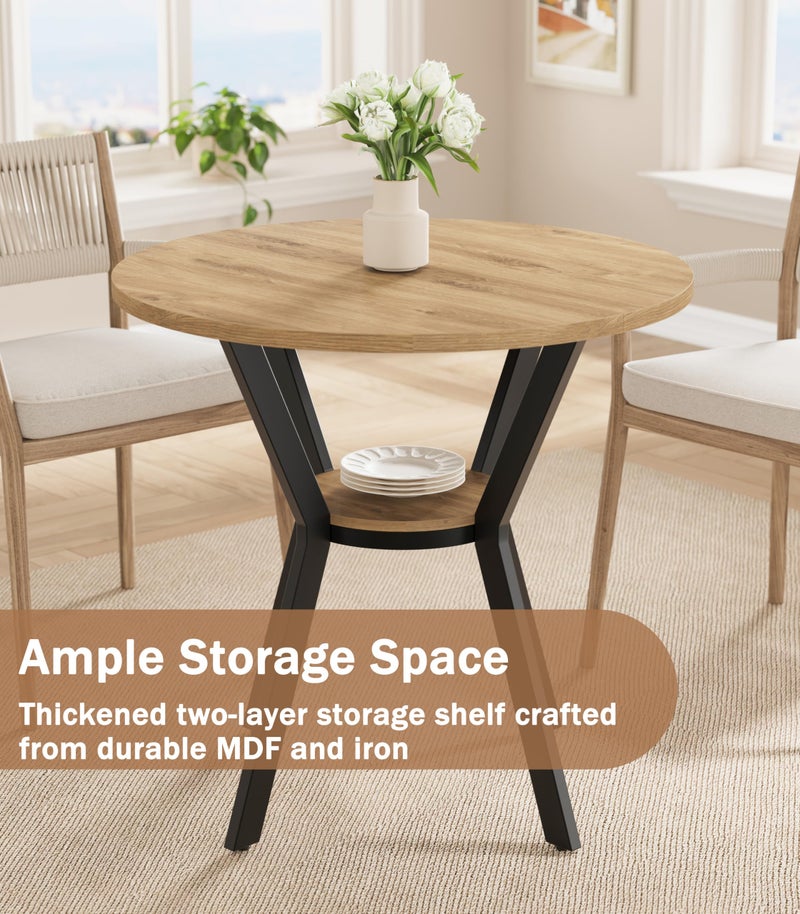 MECHYIN Round Kitchen Tables for 2-4, 31.5" Small Dining Tables with Storage, Rustic Wood Circle Dinner Table with Metal Leg, Farmhouse Dinner Table for Small Space, Dining Room, Kitchen, Office, Apartment - Image 2