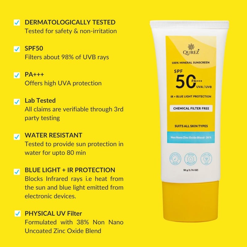Qurez واقي شمس معدني كوريز SPF 50 PA خفيف الوزن حماية واسعة الطيف حماية من الضوء الأزرق حماية من الأشعة تحت الحمراء مختبر سريريًا للبشرة الدهنية والجافة والحساسة والمعرضة لحب الشباب مقاوم للماء 50 جرام - Image 3