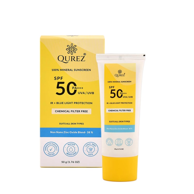 Qurez واقي شمس معدني كوريز SPF 50 PA خفيف الوزن حماية واسعة الطيف حماية من الضوء الأزرق حماية من الأشعة تحت الحمراء مختبر سريريًا للبشرة الدهنية والجافة والحساسة والمعرضة لحب الشباب مقاوم للماء 50 جرام - Image 1