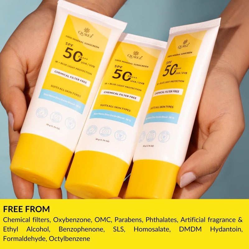 Qurez واقي شمس معدني كوريز SPF 50 PA خفيف الوزن حماية واسعة الطيف حماية من الضوء الأزرق حماية من الأشعة تحت الحمراء مختبر سريريًا للبشرة الدهنية والجافة والحساسة والمعرضة لحب الشباب مقاوم للماء 50 جرام - Image 4