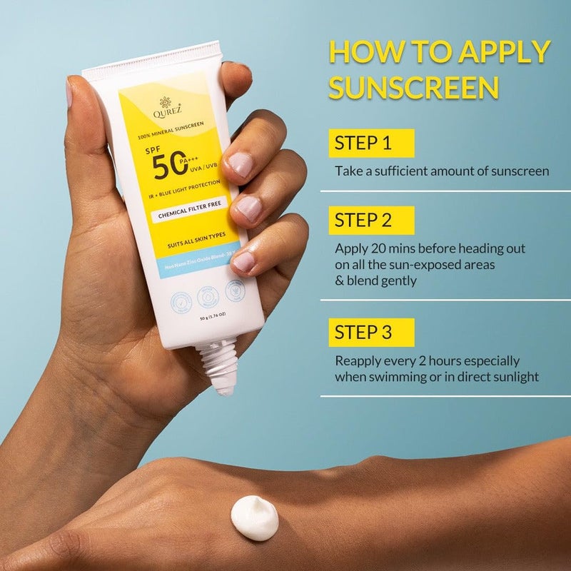 Qurez واقي شمس معدني كوريز SPF 50 PA خفيف الوزن حماية واسعة الطيف حماية من الضوء الأزرق حماية من الأشعة تحت الحمراء مختبر سريريًا للبشرة الدهنية والجافة والحساسة والمعرضة لحب الشباب مقاوم للماء 50 جرام - Image 5