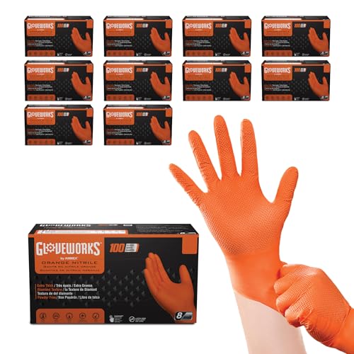 GLOVEWORKS قفازات غلوف ووركس HD نيتريل برتقالية صناعية قابلة للتخلص 8 مل خالية من اللاتكس بنمط الماس مرتفع الحجم الكبير 10 صناديق من 100 - Image 2