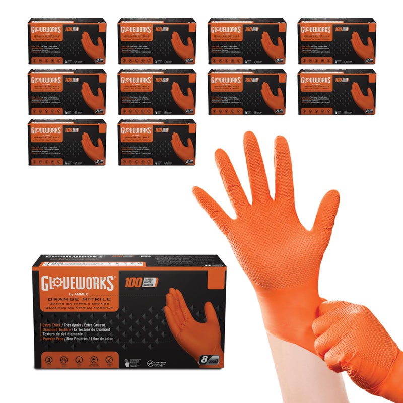 GLOVEWORKS قفازات غلوف ووركس HD نيتريل برتقالية صناعية قابلة للتخلص 8 مل خالية من اللاتكس بنمط الماس مرتفع الحجم الكبير 10 صناديق من 100 - Image 3