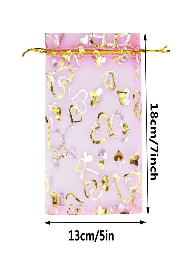 Bskifnn 50PCS Heart Printed Organza Bags Gift Jewelry Candy Bags for Wedding Valentine's Day Mother's Day Party Christmas (Pink, 5×7inch) - Image 2