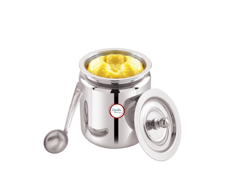 Opullo Mothers Choice Stainless Steel Ghee Pot with Spoon Stainless Steel Oil Containers for Kitchen Oil Containers for Kitchen Steel Mirror Polish Ghee Container with Spoon 500 Ml - Image 2