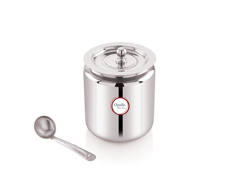 Opullo Mothers Choice Stainless Steel Ghee Pot with Spoon Stainless Steel Oil Containers for Kitchen Oil Containers for Kitchen Steel Mirror Polish Ghee Container with Spoon 500 Ml - Image 1