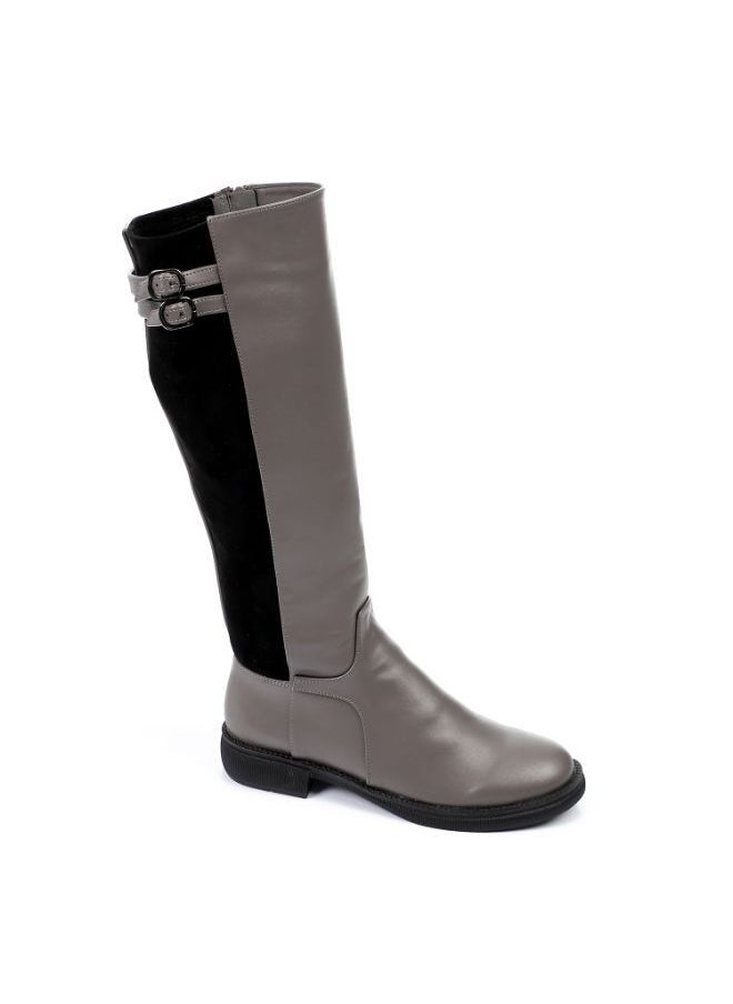 Mr.joe Leather & Suede Grey & Black Knee High Boots  - Image 1