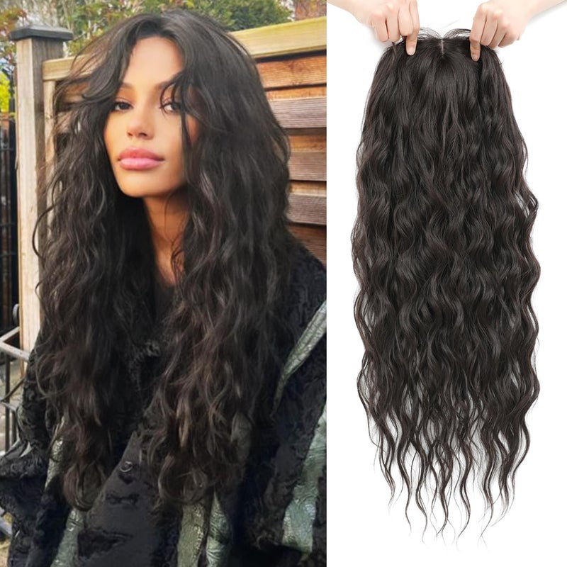 Molefi Curly Hair Topper 26inch Long Wavy Hair Toppers with Bangs for Women Synthetic Wiglets Hairpieces for Adding Volume Dark Brown - Image 2
