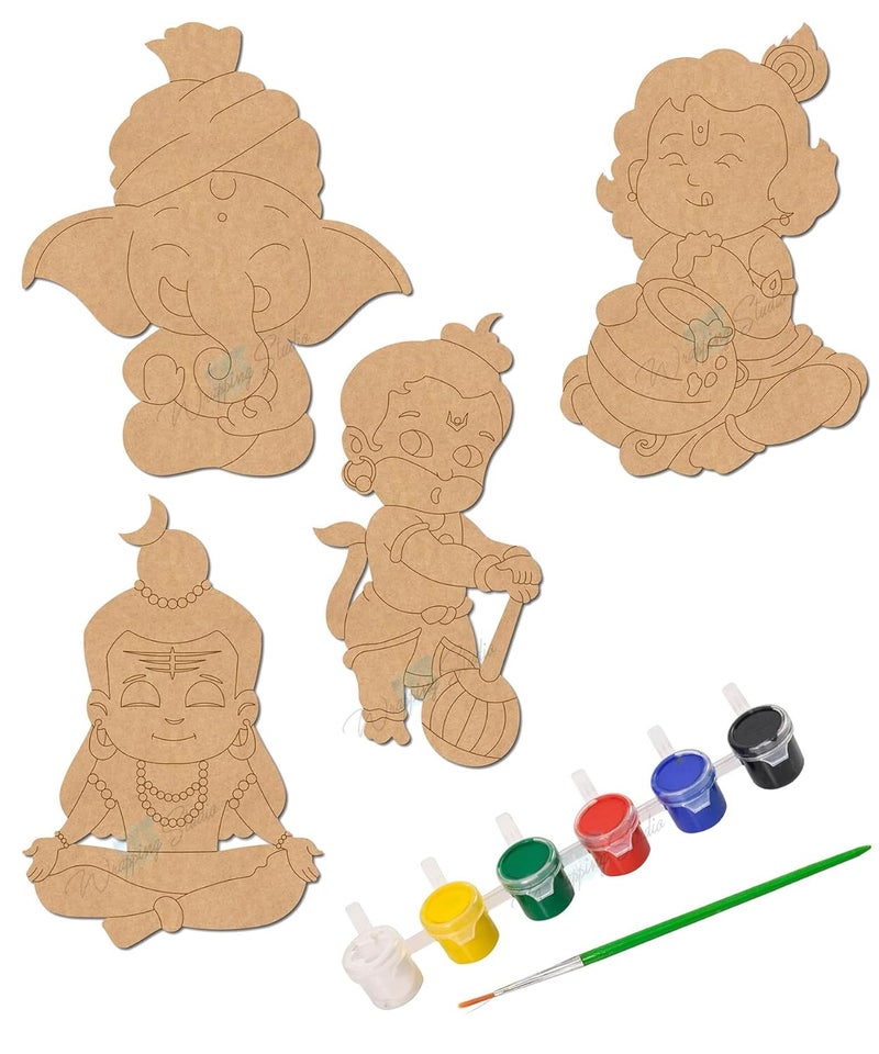 Wrapping Studio MDF Board for Lippan Art - Pre-Marked Baby Gods Design Cutouts for Craft, Painting, DIY Projects - Eco-Friendly MDF Wood, 5x3 inch, Set of 4, with Colors and Glue - Image 1