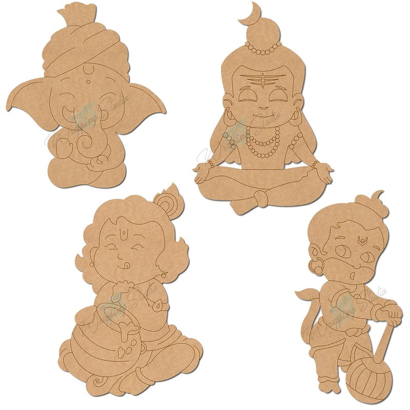Wrapping Studio MDF Board for Lippan Art - Pre-Marked Baby Gods Design Cutouts for Craft, Painting, DIY Projects - Eco-Friendly MDF Wood, 5x3 inch, Set of 4, with Colors and Glue - Image 2