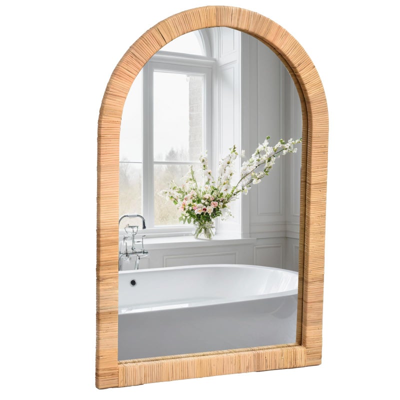 FUIN Boho Rattan Wall Mirror 20Ã—30 Inch Arched Natural Rattan Frame â€“ Farmhouse Bathroom Vanity Mirror â€“ Wicker Decorative Hanging Mirror for Living Room, Bedroom, Entryway - Image 1