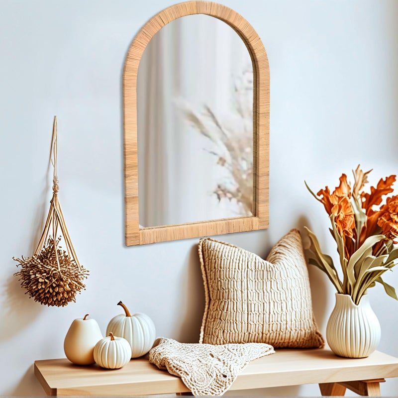 FUIN Boho Rattan Wall Mirror 20Ã—30 Inch Arched Natural Rattan Frame â€“ Farmhouse Bathroom Vanity Mirror â€“ Wicker Decorative Hanging Mirror for Living Room, Bedroom, Entryway - Image 5