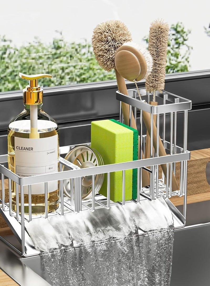 WENTCCION Sink Caddy Sponge Holder, 304 Stainless Steel Rustproof, High Brush Holder, Organzier Dish Sponge Organizer with Divider(Silver) - Image 1