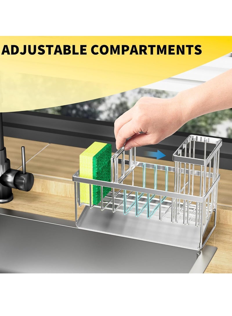 WENTCCION Sink Caddy Sponge Holder, 304 Stainless Steel Rustproof, High Brush Holder, Organzier Dish Sponge Organizer with Divider(Silver) - Image 4