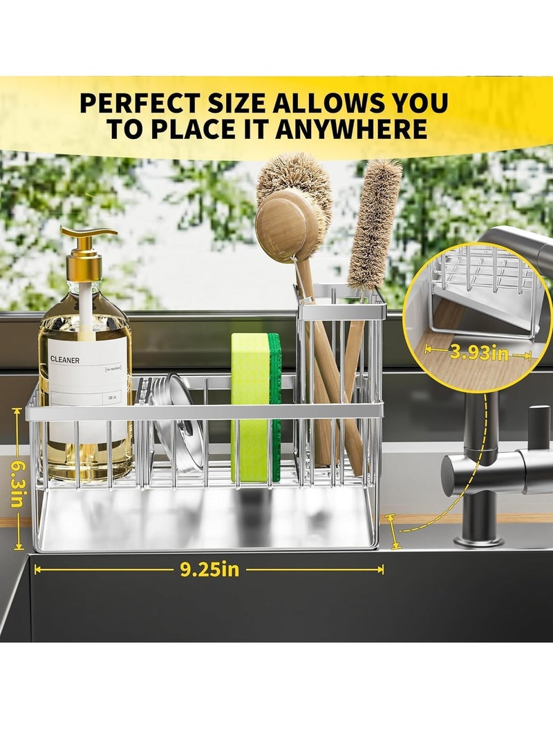 WENTCCION Sink Caddy Sponge Holder, 304 Stainless Steel Rustproof, High Brush Holder, Organzier Dish Sponge Organizer with Divider(Silver) - Image 2