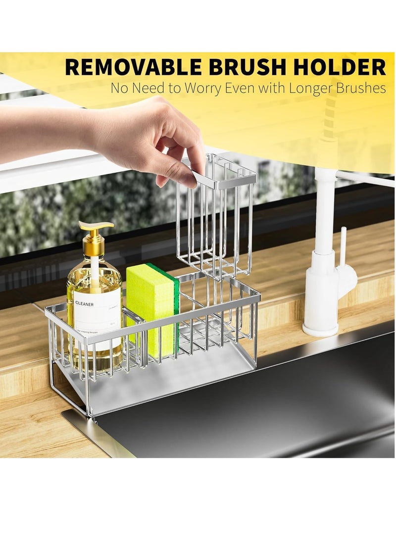 WENTCCION Sink Caddy Sponge Holder, 304 Stainless Steel Rustproof, High Brush Holder, Organzier Dish Sponge Organizer with Divider(Silver) - Image 3