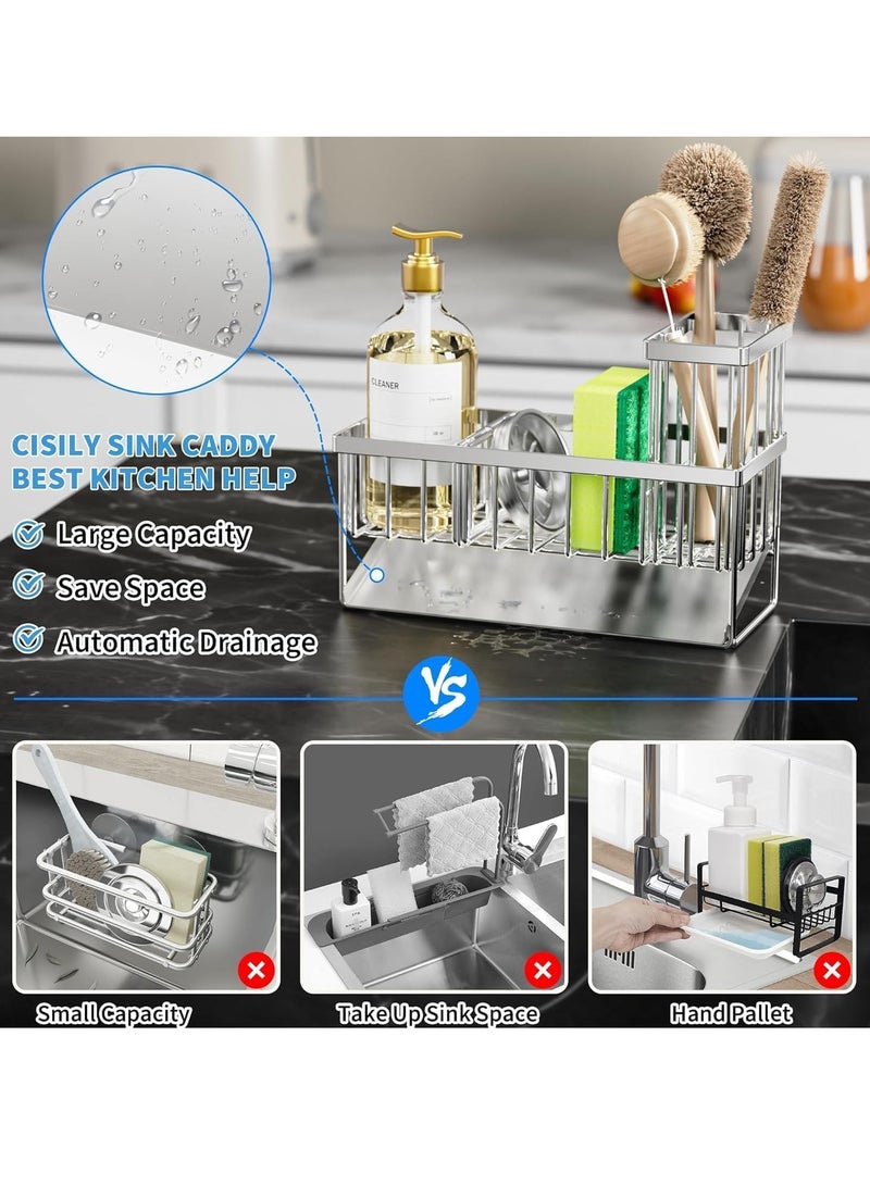 WENTCCION Sink Caddy Sponge Holder, 304 Stainless Steel Rustproof, High Brush Holder, Organzier Dish Sponge Organizer with Divider(Silver) - Image 5
