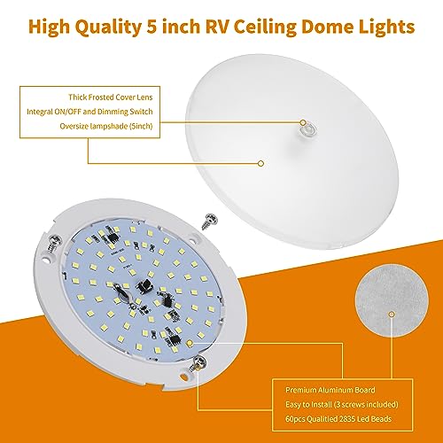 RVZONE RV Lights Interior, 5 Inch Cool White RV LED Ceiling Puck Light Dimmable 12V RV Puck Lights 6000-6500k Transparent Frosted 4.5W RV Ceiling Dome Light for Camper Van Trailer Boat, 5-Pack - Image 2