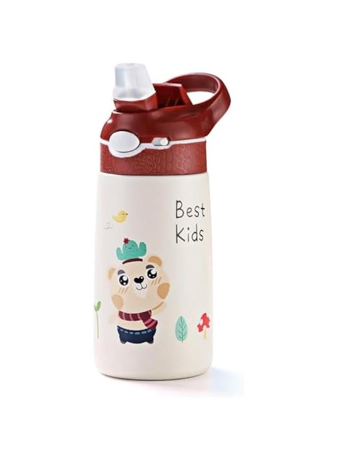TRASSLE Kids Stainless Steel Water Bottles with Straw, 13.5 oz Insulated Water Bottle Double Wall Keep Hot Cold Drinks Thermos Toddler Bottle with Handle BPA-Free for School Boys Girls (Red Bear) - Image 1