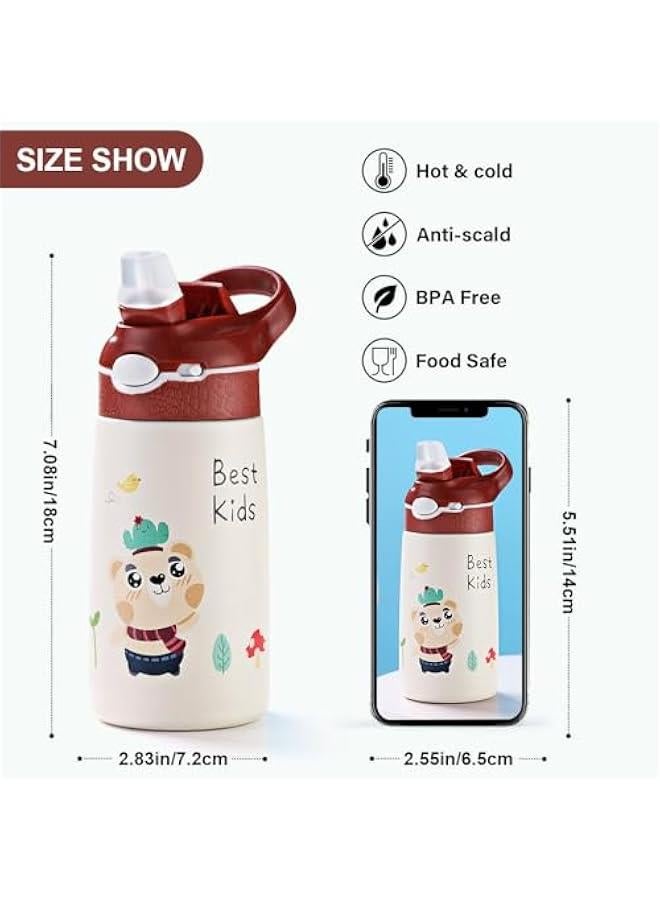 TRASSLE Kids Stainless Steel Water Bottles with Straw, 13.5 oz Insulated Water Bottle Double Wall Keep Hot Cold Drinks Thermos Toddler Bottle with Handle BPA-Free for School Boys Girls (Red Bear) - Image 2