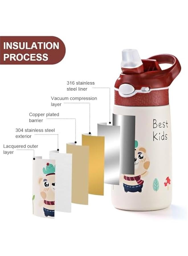 TRASSLE Kids Stainless Steel Water Bottles with Straw, 13.5 oz Insulated Water Bottle Double Wall Keep Hot Cold Drinks Thermos Toddler Bottle with Handle BPA-Free for School Boys Girls (Red Bear) - Image 3