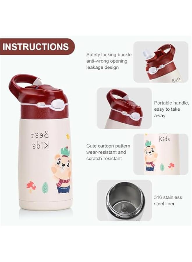 TRASSLE Kids Stainless Steel Water Bottles with Straw, 13.5 oz Insulated Water Bottle Double Wall Keep Hot Cold Drinks Thermos Toddler Bottle with Handle BPA-Free for School Boys Girls (Red Bear) - Image 5