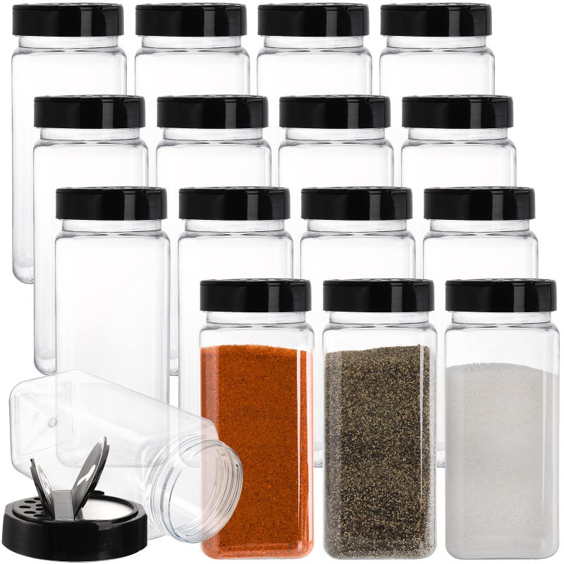 Hacaroa 16 Pack 21 Oz Plastic Spice Jars with ShakerPourer Lids Square Empty Seasoning Containers Clear Spice Bottles for Dry Food Condiments Herbs Powders