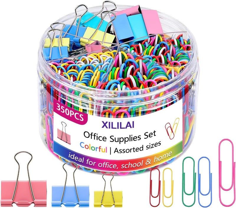 XILILAI 350PCS Binder Clips, Paper Clips, Large Binder Clips Assorted Sizes Set - Back to School - Bulldog Clips, Office Clips, Paper Clamps, Colorful Binder Clips for Office and School Supplies - Image 1