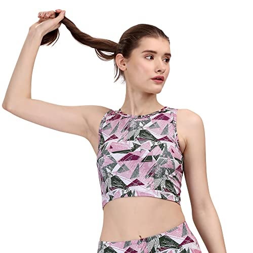 SOIE Women Polyester Blend Crop Top Sleeveless Quick Dry Athleisure Printed Round Neck Top for Workout, Yoga, Gym, Multicolour, L - Image 1