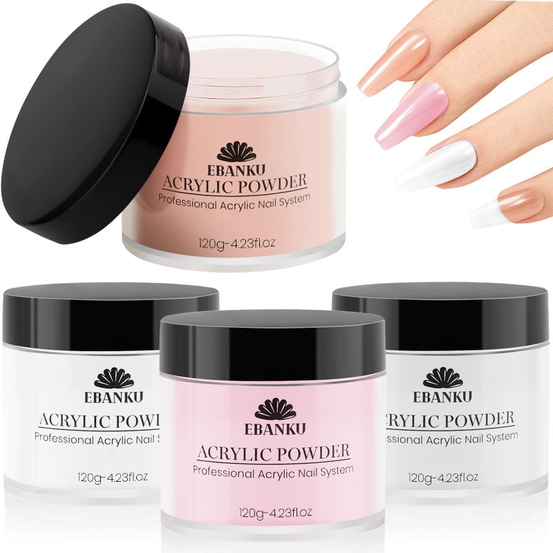EBANKU Acrylic Powder Set 4 Colors Acrylic Nail Powder Nude Pink White Clear Acrylic Powder for Acrylic Nail Extension Nail Carving, Long-Lasting, No Nail Lamp Needed, Large Capacity 4.23oz*4 - Image 1