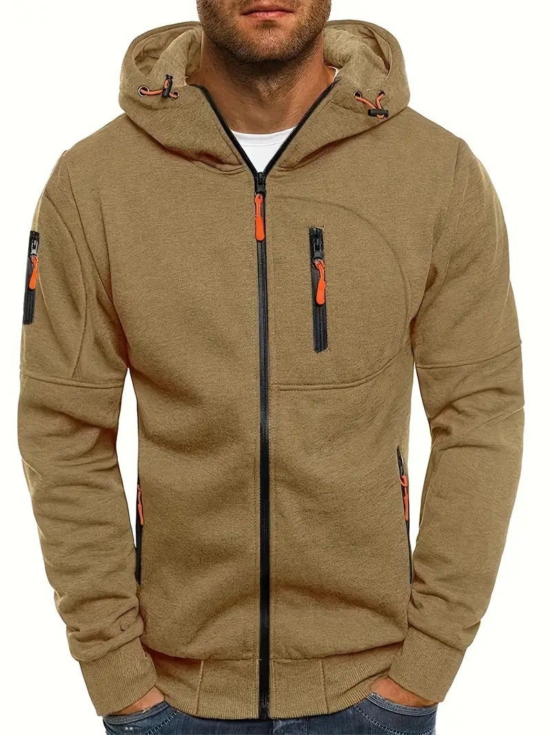 Foreign Trade Mens Autumn and Winter Sweater Sports Fitness Hooded Sweater Jacket Mens Casual Solid Color Zipper Cardigan Camel - Image 1