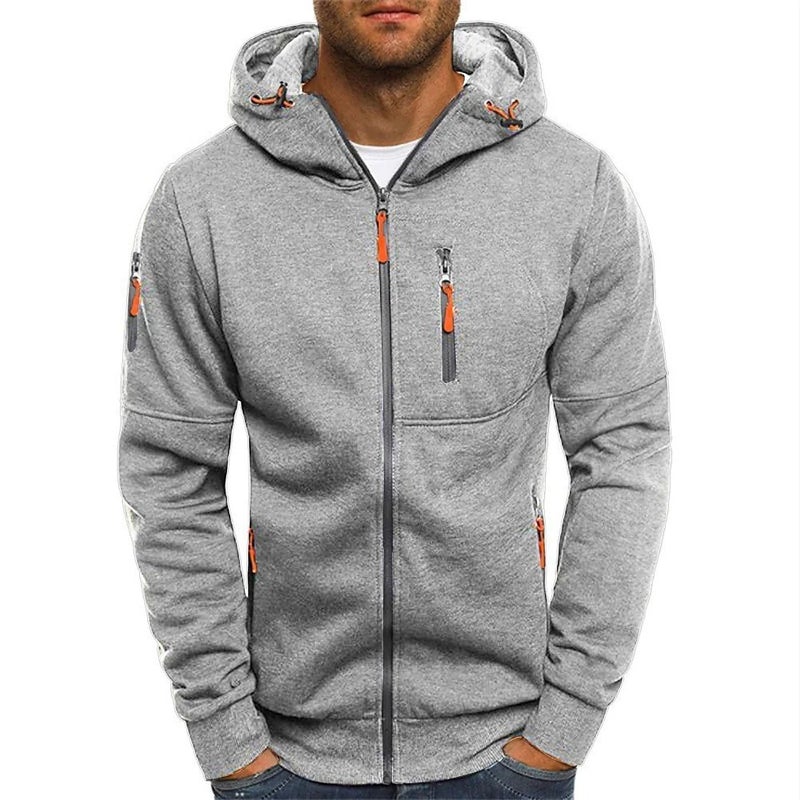 Foreign Trade Mens Autumn and Winter Sweater Sports Fitness Hooded Sweater Jacket Mens Casual Solid Color Zipper Cardigan Camel - Image 3